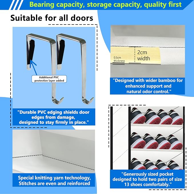 Over the Door Shoe Organizer, 20 to 30 Pairs Hanging Shoe Holder, Heavy Duty Extra Deep Pockets Shoe Storage for Closet, Anti-Scratch Hooks & FSC-Certified Bamboo - White - Image 4