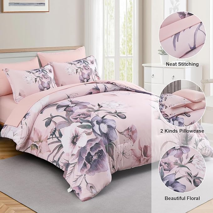 Luxudecor Floral Comforter Set Full Size 7 Piece, Blush Pink Flower Bed in a Bag, Elegant Comforter Bedding Set for All Season (Blush Pink, 80"x90")