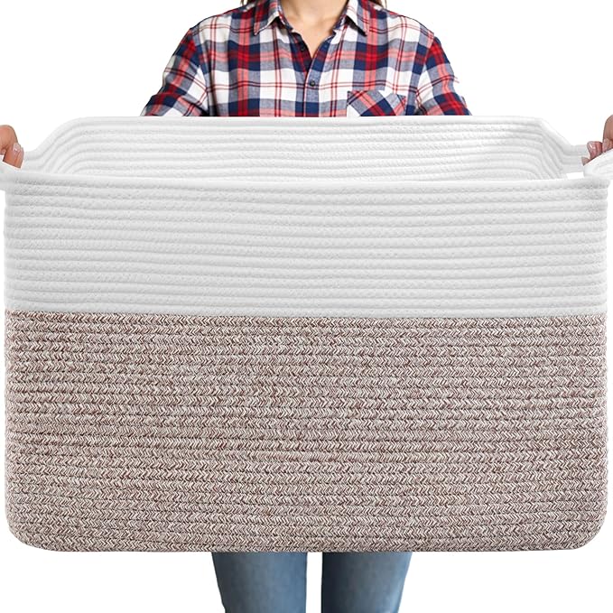 75L Extra Large Blanket Basket for Living Room - Cotton Rope Laundry Hamper Woven Baskets XXL Storage Bin with Handles for Dirty Clothes, Kids, Pets, Toys, Bedroom, 22" x 17" x 12", White & Brown by Unknown