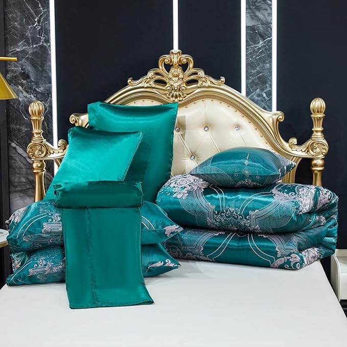 Bedding_Dreamer Jacquard King Comforter Set Green Sheet Set Satin Bedding Set 8 Pcs Vintage Neoclassical Floral Bed Home Decor Soft Comforter Luxury Hotel Silky Bed in a Bag with 1 Cushion Cover