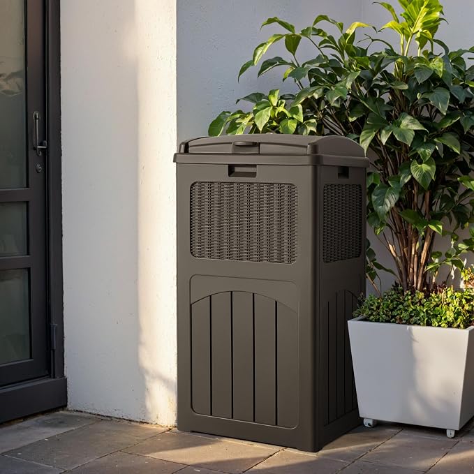 Devoko 33 Gallon Outdoor Trash Can, Hideaway Garbage Bins with Tiered Lid, Waterproof Resin Outside Waste Bins for Patio, Outside Pool, Backyard and Deck(1, Deep Brown) - Image 7