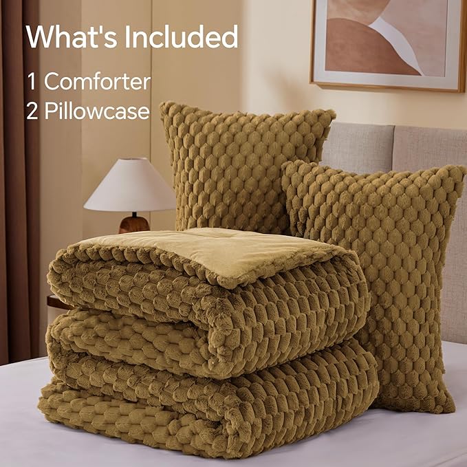BEDELITE Fluffy Queen Comforter Set - Brown Fleece Soft Comforter for Queen Size Bed, Luxury Warm Bedding Set for Winter, Fuzzy Bed Set 3 Pieces (1 Comforter, 2 Pillowcases)