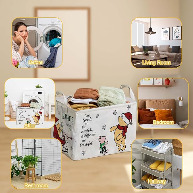 Winnie Theme Christmas Nursery Decor,the Pooh Christmas Gift,Large Canvas Laundry,Hamper Winnie Baby Stuff with A Waterproof PE Coating,Foldable Toys Bin - Image 5