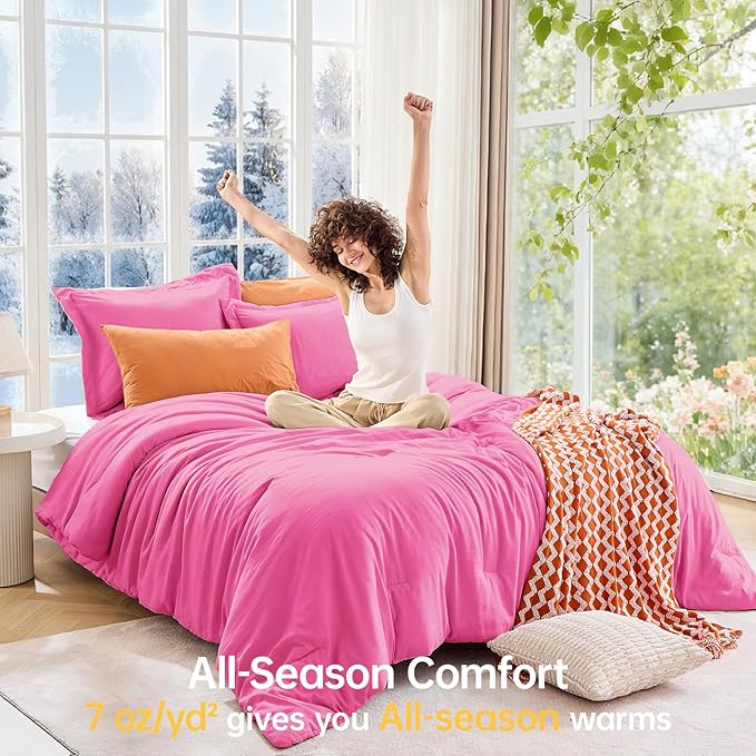 MUXHOMO King Size Comforter Set, All Season Ultra Soft Down Alternative Bedding - 3 Piece Lightweight Bed Set Includes 1 Comforter (104"x90") and 2 Pillow Shams (20"x36"), Hot Pink