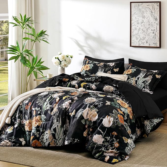 WONGS BEDDING Black Comforter Set Queen, 7 Pieces Bed in a Bag Botanical Floral Comforter Bedding Set, Soft Microfiber Comforter with Flat Sheet, Fitted Sheet, Pillow Shams, Pillowcases