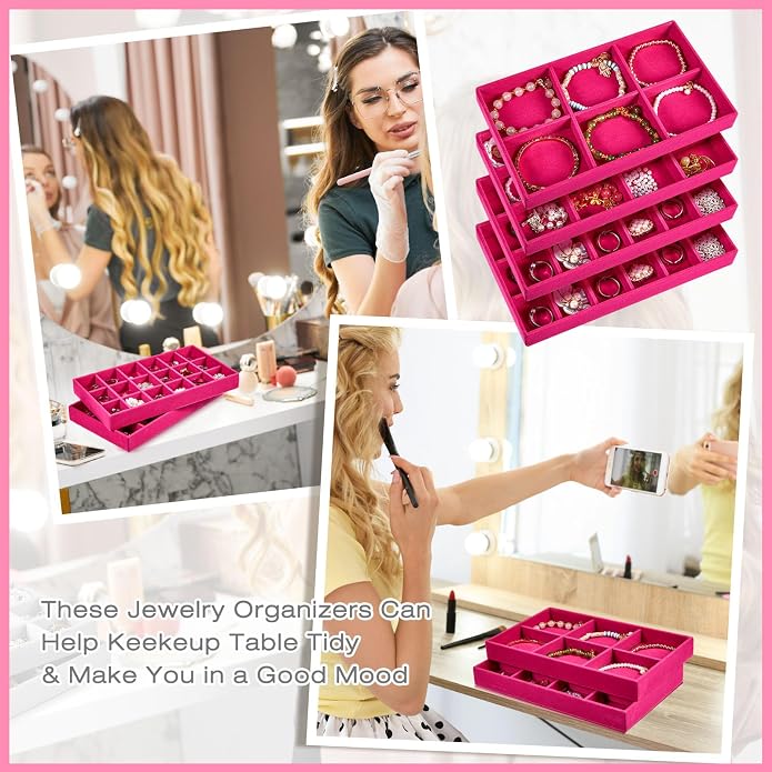 Junkin 12 Pcs Jewelry Tray Velvet Stackable Jewelry Organizer Trays Divided Earring Accessories Storage Containers Box (Rose Red) - Image 5