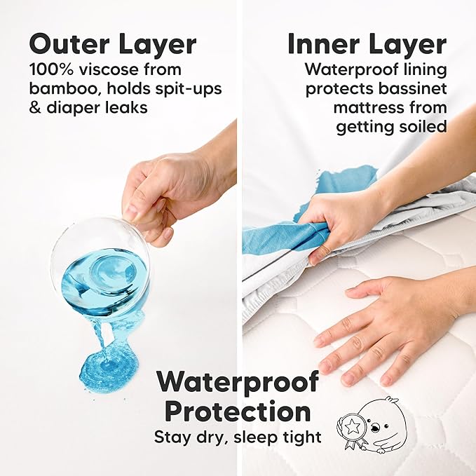 2-Pack Waterproof Bassinet Sheets Boy, Girl - 33x17 Baby Bassinet Mattress Protector Cover, Viscose Derived from Bamboo, Compatible with Graco, Baby Delight, Halo Bassinest Swivel Sleeper (Soft White)