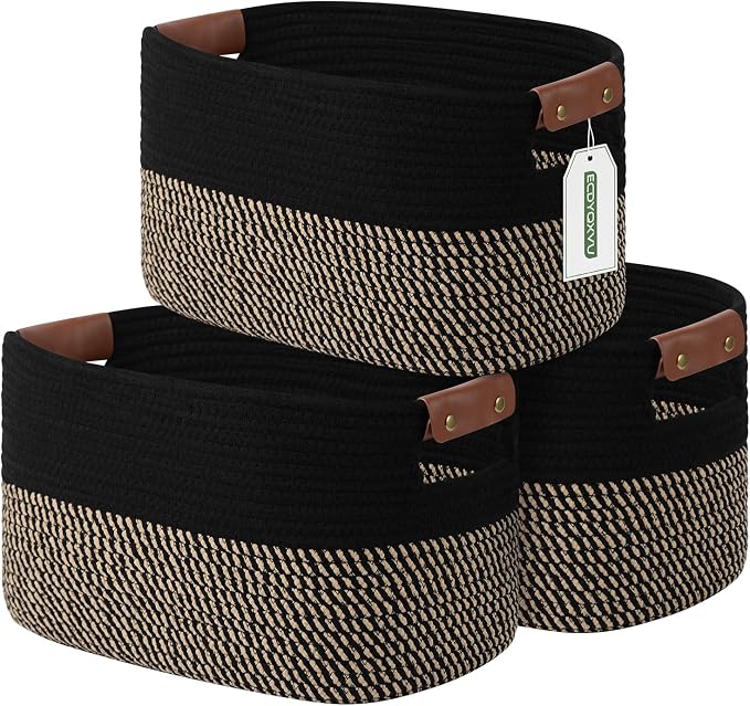 ECDYQXVU Cotton Rope Basket, Storage Baskets with Handle, 15x10x9 Inch Woven Basket for Shelves, Laundry, Towels, Clothes, Books, (Black Brown 3 Pack) by ECDYQXVU