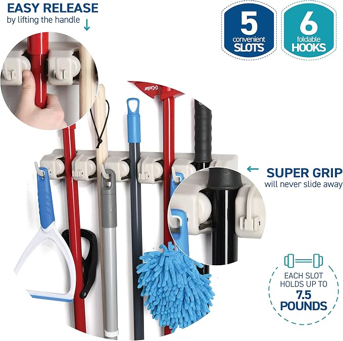 HOME IT Mop And Broom Holder Wall Mount - Garage Storage Systems with 5 Slots, 6 Hooks, 7.5lbs Capacity Per Slot - Garden Tool Organizer For Home, Kitchen, Closet, Garage, Laundry Room - Off-White - Image 4