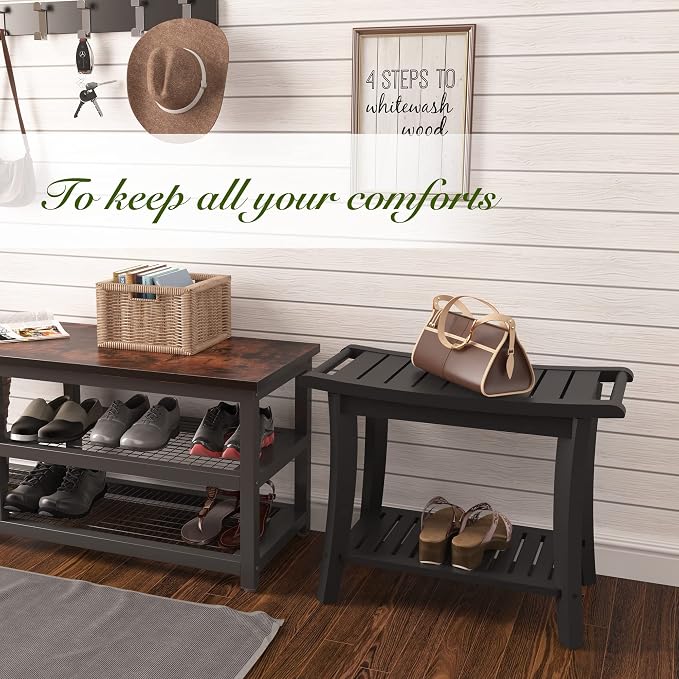 Bamboo Shower Bench Inside Shower Stool with Storage Shelf, Spa Bath Chair for Bathroom, Seat or Organizer for Living Room, Bedroom and Garden - Great for All Ages Unisex Elderly (Large, Black) - Image 7