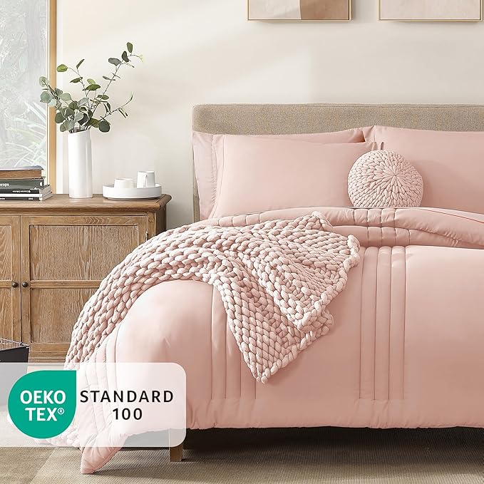 Monbix Queen Comforter Set - 7 Pieces Light Pink Bed in a Bag Queen Bedding Sets with Comforters, All Seasons Comforter Bed Set with Sheets, Pillowcases & Shams