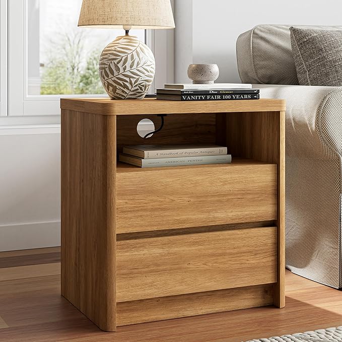 NowMais 3 Pieces of Dresser and Nightstand Set,55 Inch Width 9-Drawer Dresser & 2-Drawer Nightstands Set of 2,Nightstand with USB&Type C Charging Station&Outlets, Modern Design for Bedroom,Natural Oak
