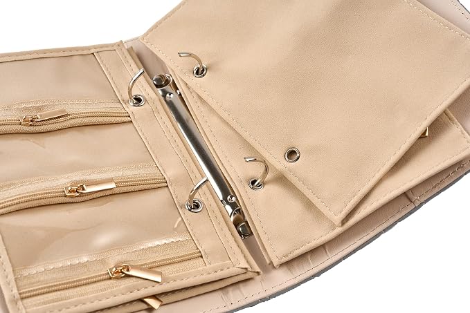 PU Leather Travel Jewelry Binder Organizer - Jewelry Boxes Case Ring Binder Storage Book with Zipper Velvet Pouches Bags for Women Gifts - Grey - Image 4