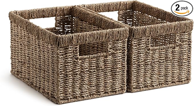 StorageWorks Wicker Storage Basket for Organizing, Medium Seagrass Storage Baskets with Built-in Handles for Pantry, Shelves,2-Pack by StorageWorks