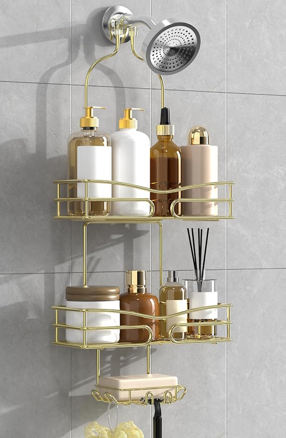 DAOYA Over the Shower Head Caddy - 3 Tier Shower Caddy Hanging, Gold Bathroom Organizer with Soap Holder & Hooks by DAOYA