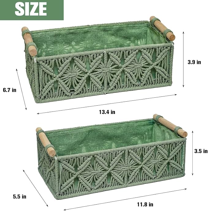 HOSROOME Macrame Boho Decor Baskets for Organizing Woven Decorative Basket for Countertop Toilet Paper Basket for Tank Top for Home Decor Bedroom Nursery Livingroom Entryway (Set of 2,Green) - Image 7
