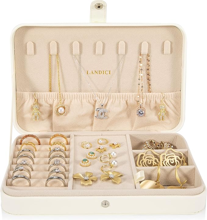 LANDICI Small Jewelry Box for Women Girls, PU Leather Travel Jewelry Case, Portable Jewelry Organizer Storage Holder Display for Ring Earrings Necklace Bracelet Bangle Men Kids Gift, White - Image 2