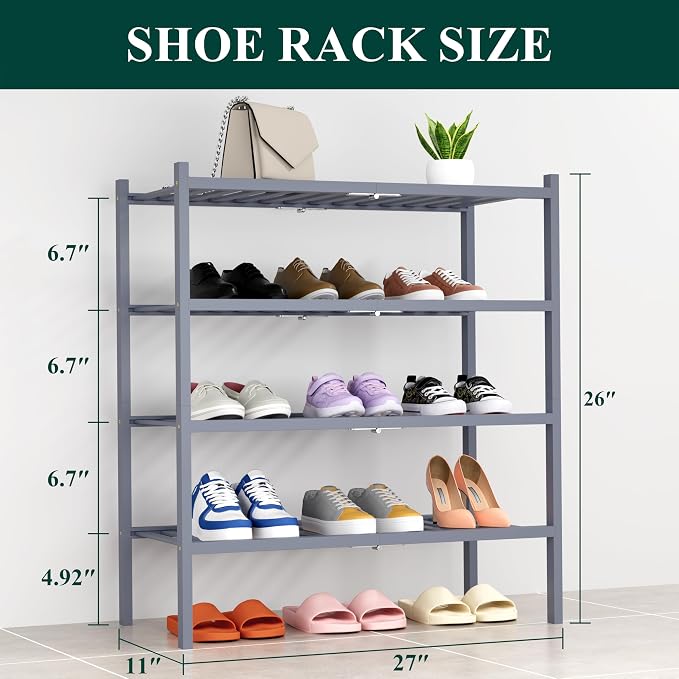 Smiry Shoe Rack, 4 Tier Thick Bamboo Shoe Organizer, Stackable Free Standing Wooden Shoe Storage Shelf for Closet, Entryway, Front Door Entrance, Grey - Image 2