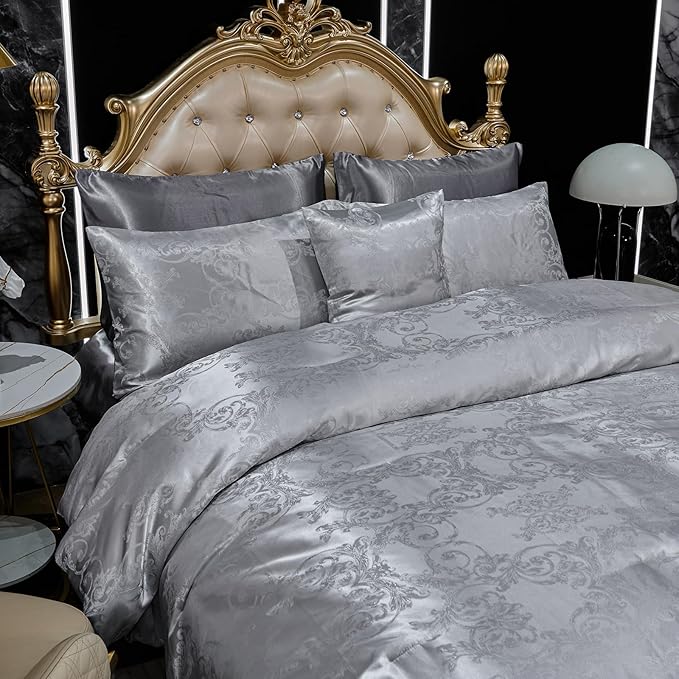 Grey Comforter King Jacquard Bedding with Grey Satin Sheet Set Royal Embroidery Neoclassical Floral Home Decor Soft Luxury Hotel Bed in a Bag 8 Pcs Include 1 Cushion Cover
