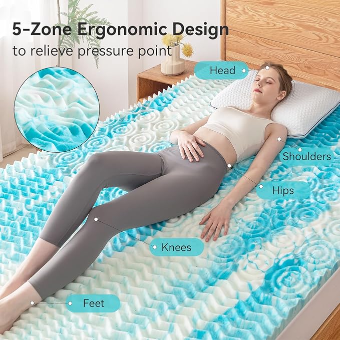 2 Inch 5 Zone Memory Foam Mattress Topper Queen Size, Comfortable Mattress Topper for Back Pain Relief, Gel Infused Bed Topper, Blue