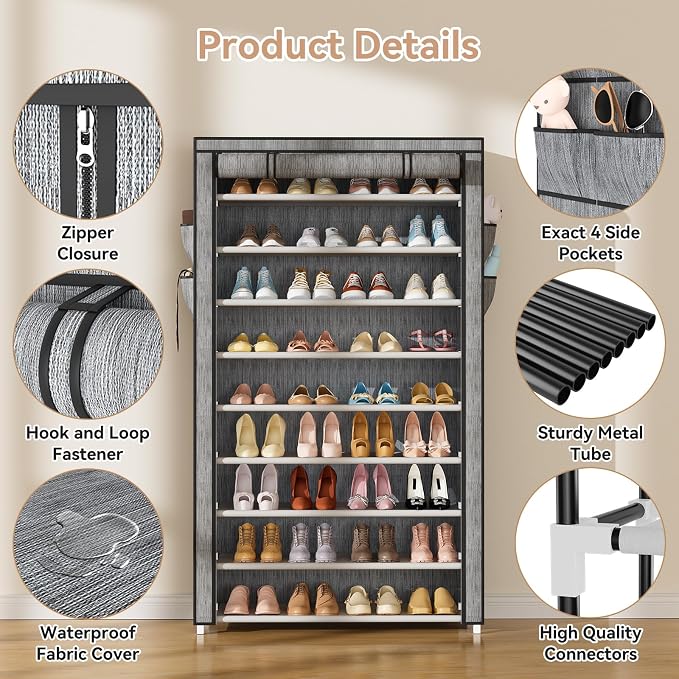 LANTEFUL Shoe Rack with Covers 10 Tier Tall Shoe Rack Organizer Large Capacity Shoe Shelf Storage 40 Pairs Space Saving Free Standing Shoe Storage Organizer for Closet, Entryway, Dorm, Printing - Image 4
