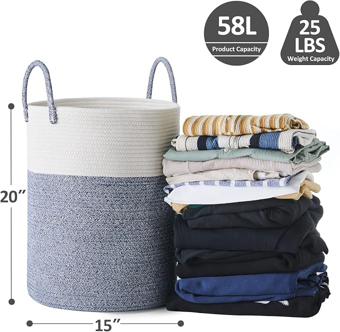 Cotton Rope Laundry Hamper by YOUDENOVA, 58L - Woven Collapsible Laundry Basket - Clothes Storage Basket for Blankets, Laundry Room Organizing, Bedroom Storage, Clothes Hamper – Blue - Image 2