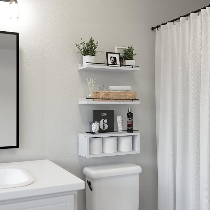 WOPITUES Floating Shelves for Wall with Cube Shelf, Wall Shelves with Metal Rail for Decor, Bathroom Organizers and Storage, Over Toilet Shelves for Bathroom, Toilet Paper-White - Image 2