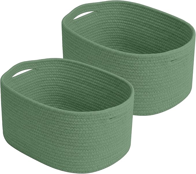 ECDYQXVU Cotton Rope Storage Basket, 15x10x9 Inches, Woven Basket for Shelves, Clothes, Towels, Books, and Laundry, Green (2 Pack) by ECDYQXVU