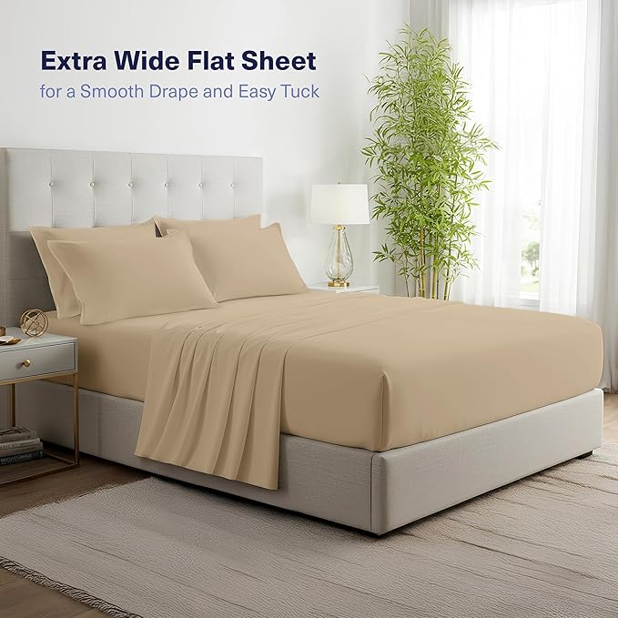 Kickoff Viscose Bamboo Sheets Twin XL Size 3-pc 100% Organic Bamboo Viscose Bed Cooling Sheets Twin XL Size Set Cool Bedding for hot Sleepers Sheet, Flat, Fitted, Pillowcase (Sand, TXL)
