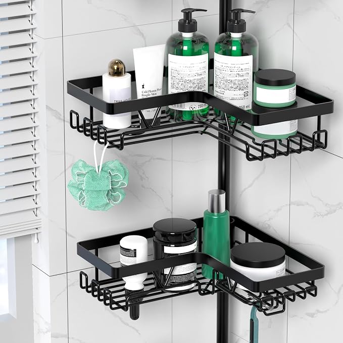 DAOYA Corner Shower Caddy Tension Pole - 4 Tier Stainless Steel Rustproof Shower Corner Caddy for Bathtub Bathroom Shower Organizer Shelves Adjustable Pole 25-114.2 Inch Black - Image 3