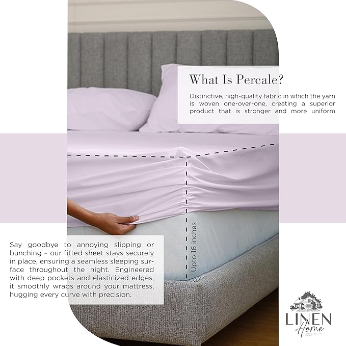 Linen Home 100% Cotton Percale Sheets King Size - Crisp Cool Breathable, 16 Inch Deep Pocket, Soft Durable 4-Piece King Bed Sheet Set 1 Flat, 1 Fitted, 2 Pillowcases, Iris Lilac