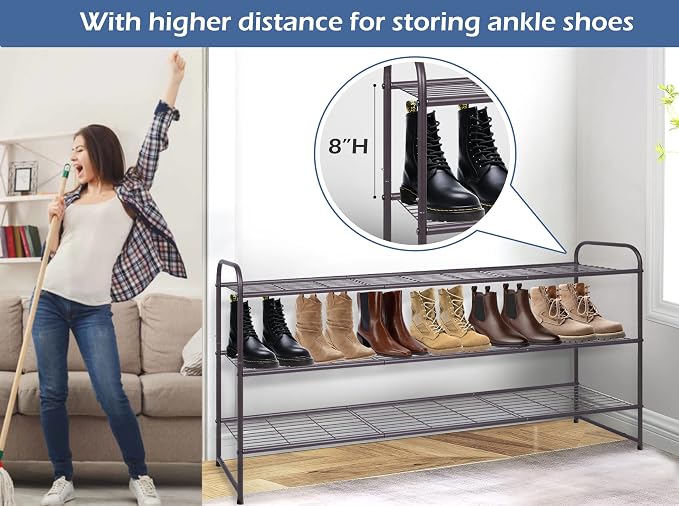KEETDY Long 3 Tier Shoe Rack for Closet Wide Shoe Storage Organizer Stackable Metal Shoe Shelf for 24 Pairs Men Sneakers with Wire Grid for Closet Floor, Bedroom, Entryway, Bronze - Image 4