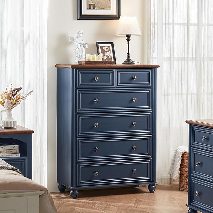 RWYHG Farmhouse 6 Drawer Dresser, Blue Chest of Drawers, 43.5" Tall Dressers for Bedroom with Roman Column and Metal Handles, Rustic Wood Storage Organizer for Living Room, Hallway, Closet