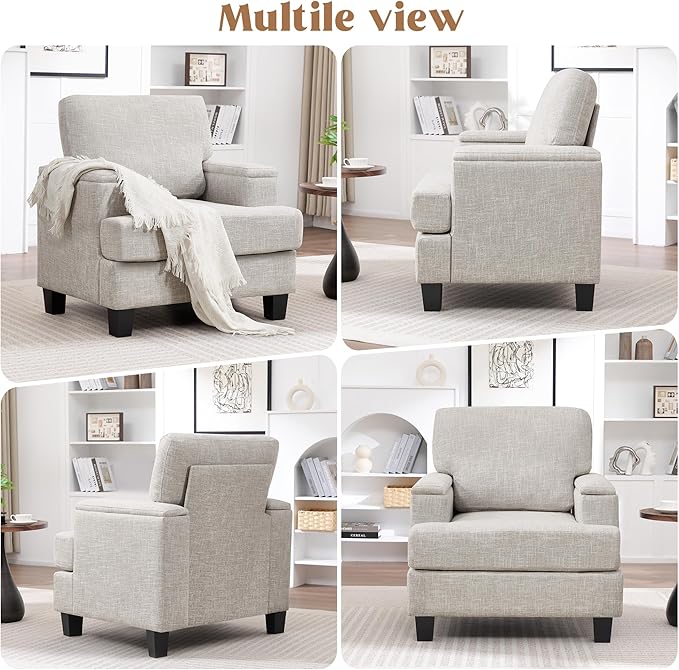 Accent Chairs Set of 2 with Armrest Storage, Modern Upholstered Reading Living Room Chair, Comfy Large Armchairs, Fabric Single Sofa Chair for Bedroom (Beige)