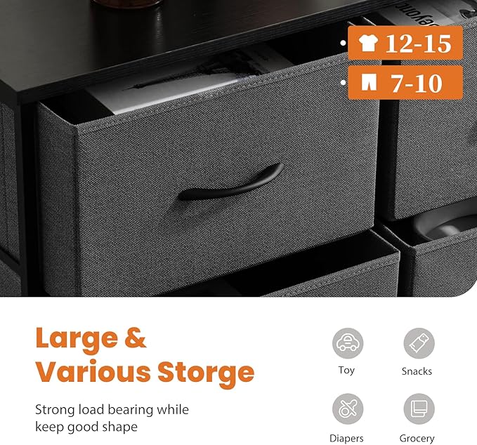 Sweetcrispy Dresser for Bedroom Tall Drawer Dresser Organizer Storage Drawers Fabric Storage Tower with 10 Drawers, Chest of Drawers with Fabric Bin, Steel Frame, Wood Top for Bedroom