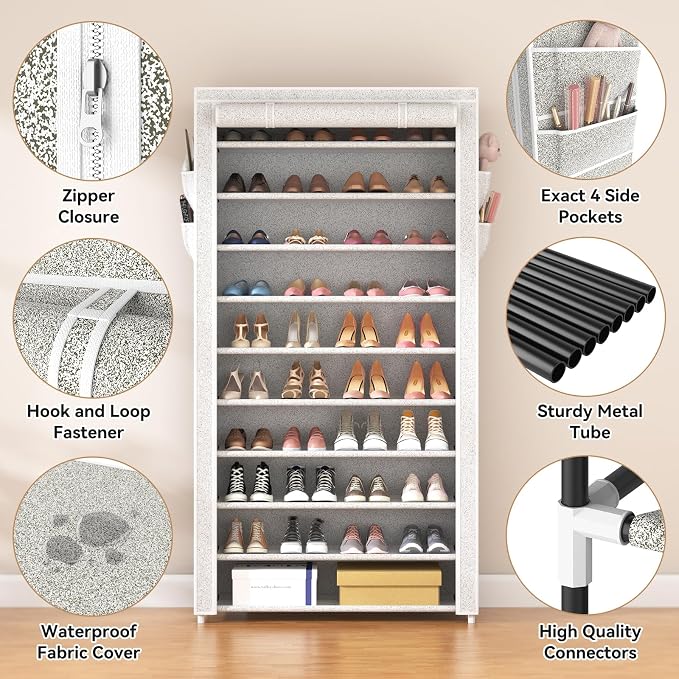 ROJASOP 10 Tier Shoe Rack with Covers Large Capacity Stackable Tall Shoe Shelf Storage for 50-55 Pairs Shoe and Boot, Sturdy Free Standing Shoe Rack Organizer for Closet, Entryway, Bedroom, Printing - Image 4