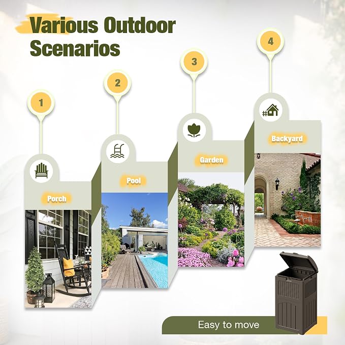 Devoko 33 Gallon Outdoor Trash Can with Dual Lid, Heavy Duty Waterproof Resin Garbage Bins Outside, Hideaway Waste Bins for Patio, Outside Pool, Backyard and Deck (2, Deep Brown) - Image 6