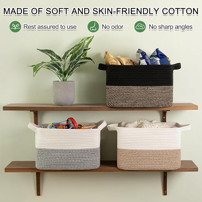 OIAHOMY Woven Storage Basket for Shelves, Rectangle Cotton Rope Baskets for Organizing, 13 x 10 x 9 in, Storage Bins for Dog Toys,Towel,Books,Gift,Grey and White - Image 6