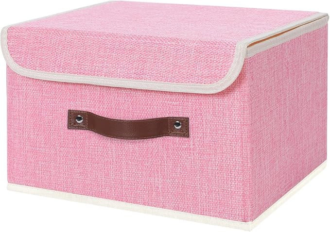 ANMINY Storage Bin with Lid Storage Boxes with PU Leather Handles PP Plastic Board Decorative Foldable Lidded Cotton Linen Fabric Home Cubes Baskets Closet Organizer Container - Pink, Medium by ANMINY
