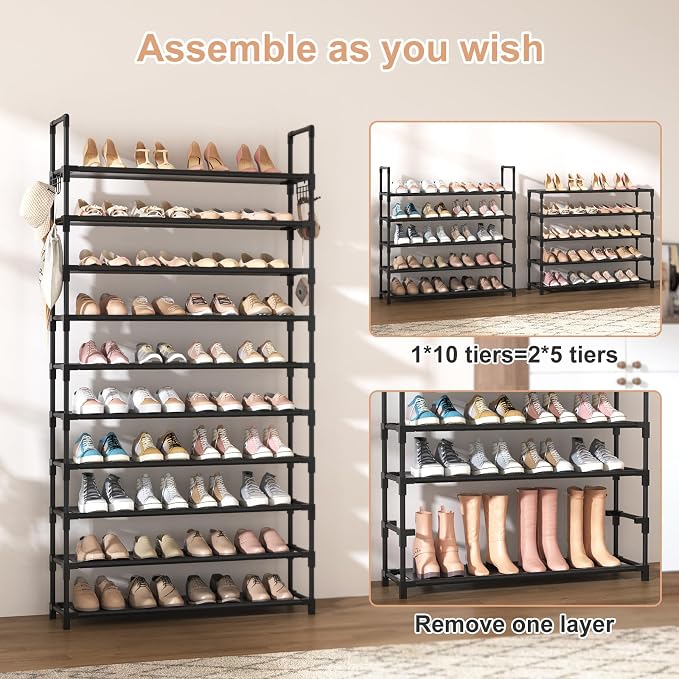 VTRIN 10 Tier Shoe Rack Tall Large Capacity Wide Shoe Organizer with Two Hooks Sturdy Metal Shoe Shelf for Entryway, Closet, Bedroom - Image 5