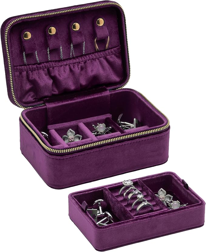 Velvet Travel Jewelry Organizer Box with Zipper Around Portable Accessory Display Tray Holder Storage Case for Multiple Earrings Rings Necklaces Bracelets (Purple) - Image 8