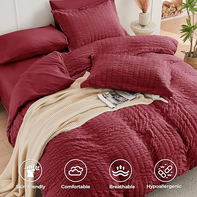 HYMOKEGE Burgundy Queen Comforter Set Seersucker 7 Pieces, All Season Luxury Bed in a Bag for Bedroom, Bedding Set with Comforters, Sheets, Pillowcases & Shams