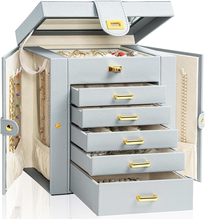 AKOZLIN Functional 6-Tier Jewelry Box Organizer with 5 Drawers Leather Jewelry Storage Case for Women Girls Ring Necklace Earring Bracelet Holder Organizer with Mirror Grey by AKOZLIN