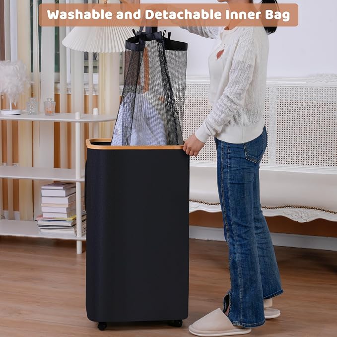 iEGrow 110L Laundry Basket with Wheels,Clothes Hamper for Laundry,Laundry Hamper with Lid and Inner Bag, for Laundry Room, Bedroom, Dormitory Storage,Black - Image 2
