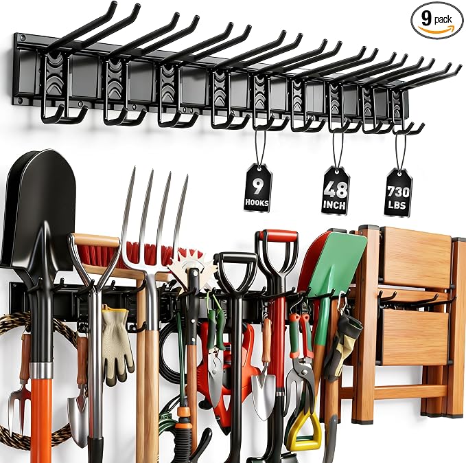 ELEAD 9-Pairs Heavy Duty Garage Tool Organizer Wall Mount Hooks, 48 Inches 730 lbs Garden Tool Organizer with Adjustable Hooks, Yard Tools Organizers for Garden, Yard, and Shed by ELEAD