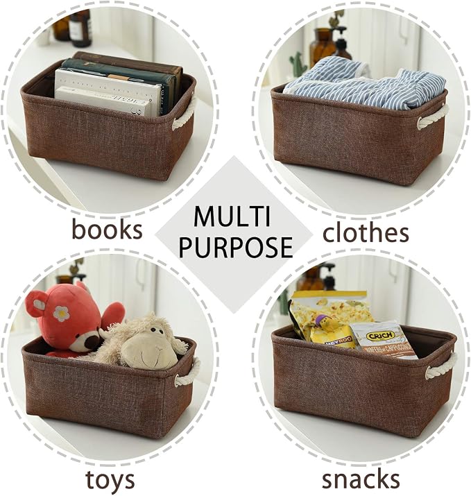 TheWarmHome Small Fabric Canvas Storage Bin with Cotton Rope Handles - Foldable Empty Basket for Gift (Brown-1 Pack,11.8L7.9W5.2H inch) - Image 4