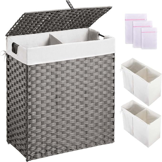 Greenstell Laundry Hamper with 2 Removable Liner Bags - 90L Divided Clothes Hamper, Handwoven Synthetic Rattan Foldable Laundry Basket with Lid and Handles Gray (18.3x13.3x24.0Inches) by Greenstell