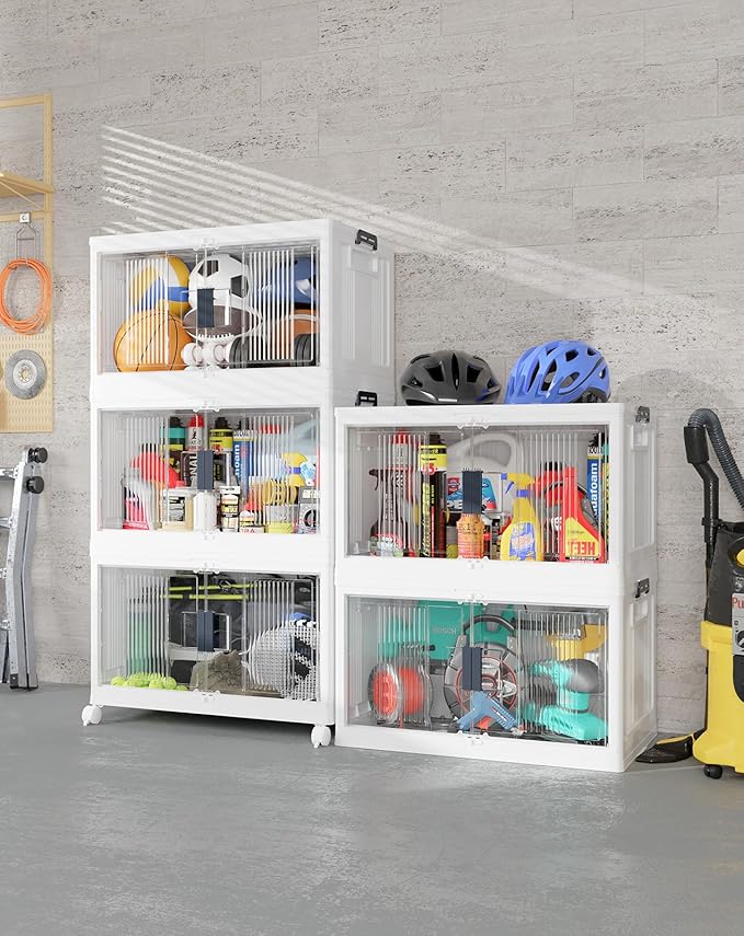 OlarHike 97QT Stackable Storage Bins with Lids - Folding Storage Box with Doors and Wheels, Collapsible Plastic Storage Drawers for Closets and Organization, Garage, 5 Pack Cubes by OlarHike