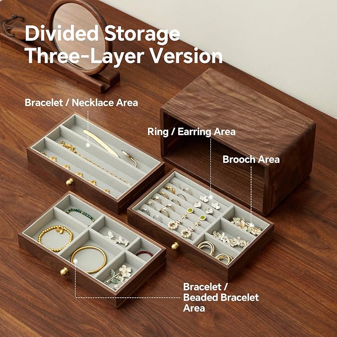 Wooden Jewelry Box for Women & Men, Large Velvet Lined Organizer with 3 Drawers, Solid Black Walnut Wood & Brass Handles, Earring Ring Necklace Storage Box - Image 3