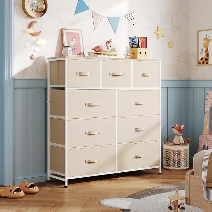 WLIVE 9 Drawer Dresser, Fabric Storage Tower for Bedroom, Hallway, Closet, Tall Chest Organizer Unit for Bedroom with Fabric Bins, Steel Frame, Wood Top, Easy Pull Handle, Cream White - Image 2